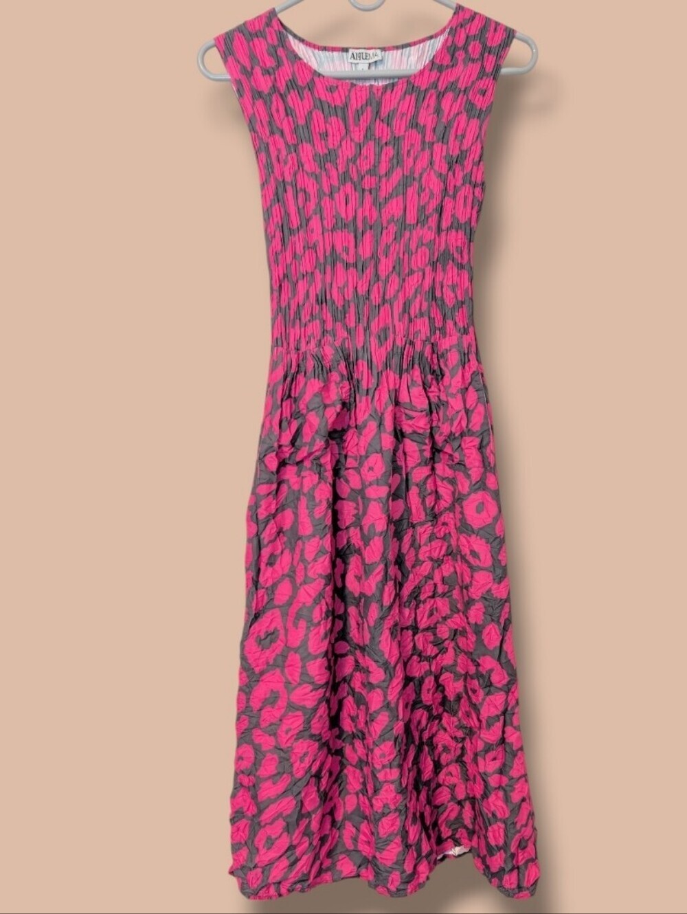 Alquema Pink Fuchsia Leopard Satin Pleated Sleeveless Smash Pocket Midi Dress